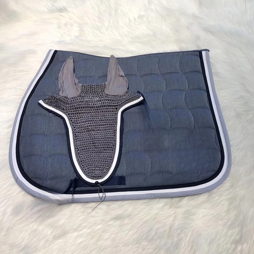 Custom Horse Saddle Pad And Mask Set Knitted Fly Mask Breathable Cotton Inside Layer