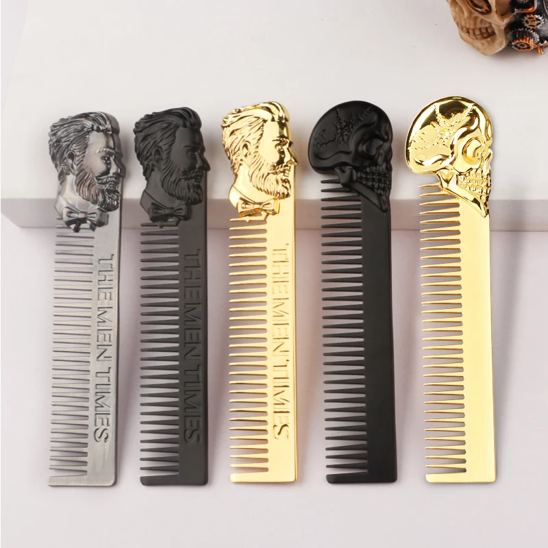 Wholesale Custom Logo Gold Skull Zinc Alloy Metal Beard Comb Oil Hair Gentleman Shaping Tool Zinc Alloy Metal Portable Comb