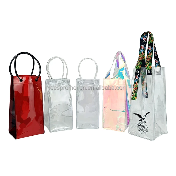 High quality portable holographic wine bag reusable laser PVC ice bag with handle for wine and bottle cooler