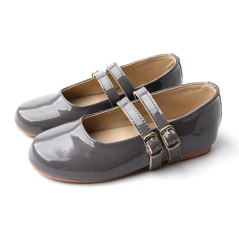 Babyhappy Factory Price Grey Hard Outole Round Toe Smooth Mirror Leather Girl Flat Princess Mary Jane Shoes