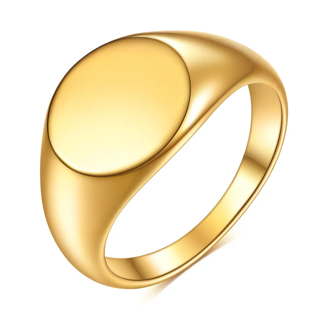 New High Polish 18k Gold Plated Plain Oval Signet Ring Fashion Individuality Stainless Steel Oval Stamp Ring For Women Man