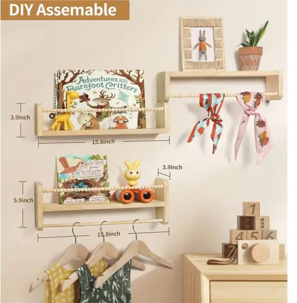 custom Nursery Floating Shelves for Wall, Set of 3 Book Shelves Natural Wood Wall Mounted Organizer with Towel Bar Bookshelves