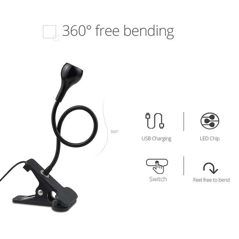 USB Power Flexible Reading LED Light Clip-on Beside Reading Lamp Bed Desk Study Room Bedroom Travel USB Table Book Lights
