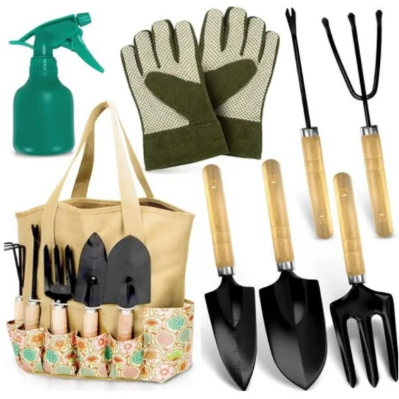 3 Pieces Stainless Steel Heavy Gardening Kit Including Hand Shovel Transplant Shovel and Hand Rake with Ergonomic Wooden Handle