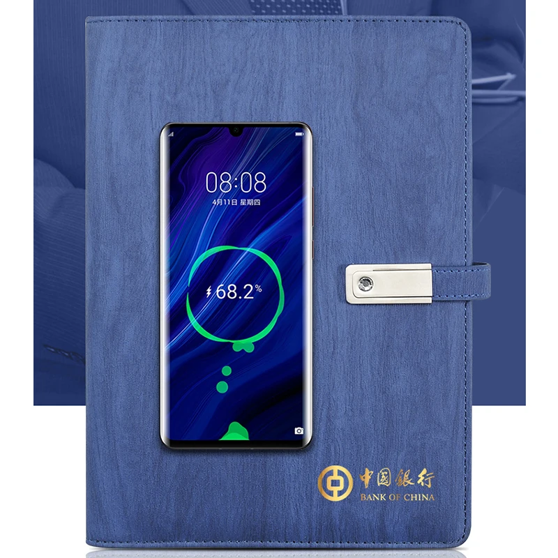 Factory wholesale 6 Ring Binder power bank Notebook A5 PU Leather tree texture for gift power bank diary custom logo