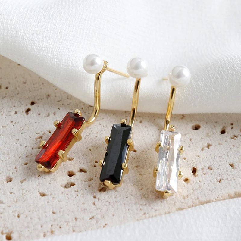 SE155-083 Halo 925 sterling silver earrings Korean shell pearl stud earrings black white red multi-color zircon jewelry