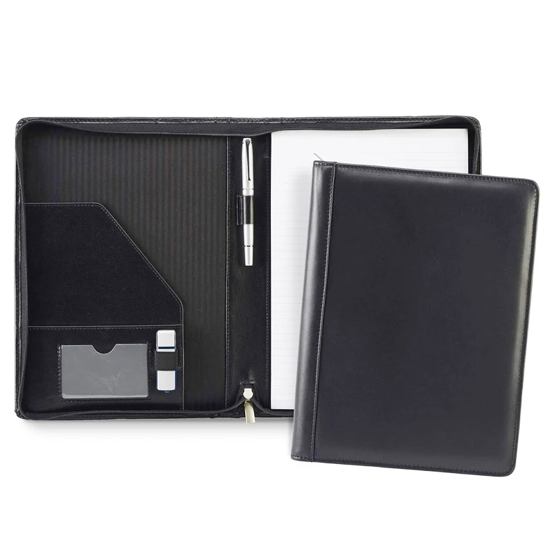 Leather zip up documents business folders hard cover personalized leather file folder resume school leather folders custom logo