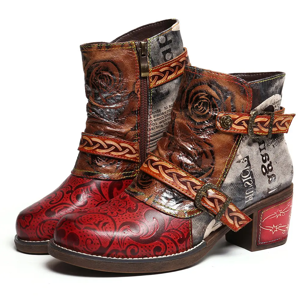 
Women Embossed Rose Floral Ankle Boot Genuine Leather Splicing Low Heel Lady Winter Shoe 