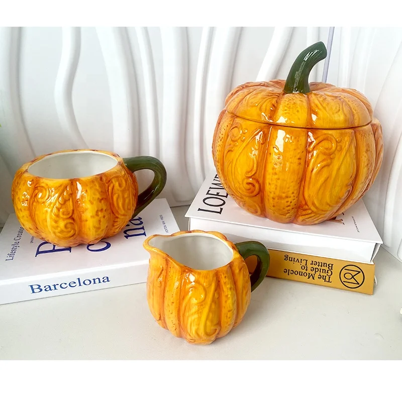 2024 Thanksgiving Day Cute Ceramic Coffee Mug Wholesale Novelty Harvest Pumpkin Mug Custom 3D Mugs Coffee Cup Set With Lid