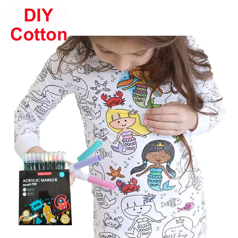 Wholesale kids Cartoon Graffiti Pajamas Diy Colouring Pajiama Sets long sleeve cotton coloring pajamas for kids with markers