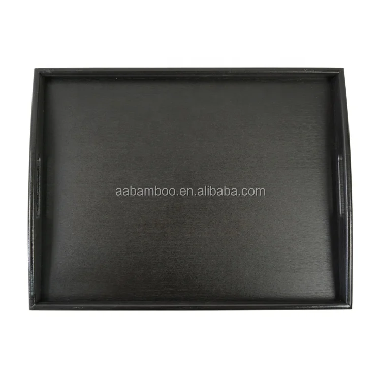 Bamboo wood rectangle black serving tray with handles