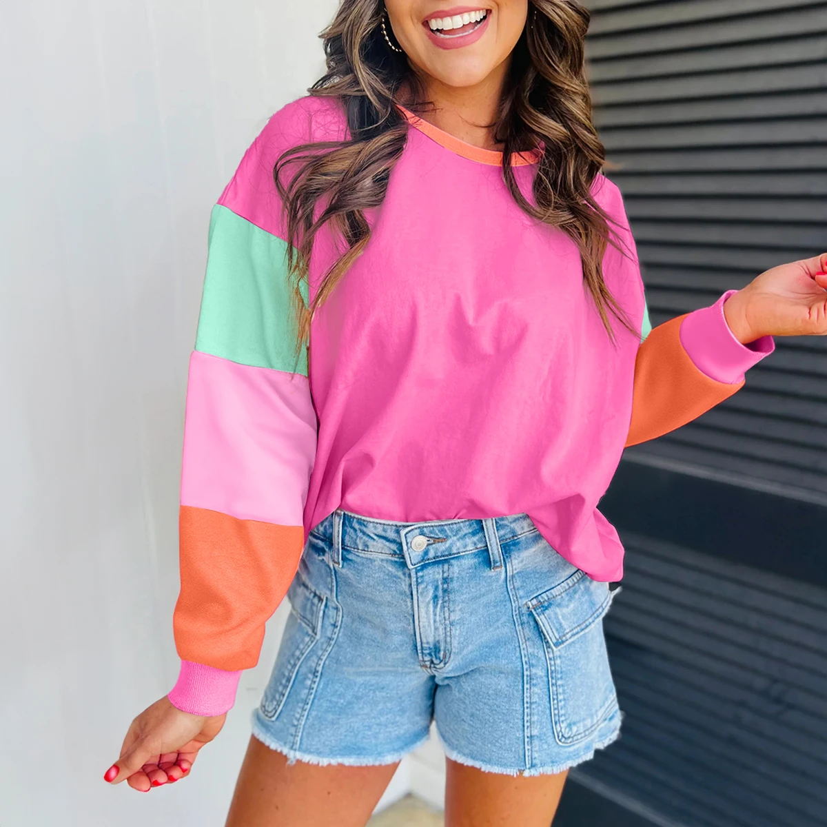 Dear-Lover Wholesale Cute Fashion Tops Mujers Colorblock Patchwork Round Neck Oversized Knitted Long Sleeve Women Tops