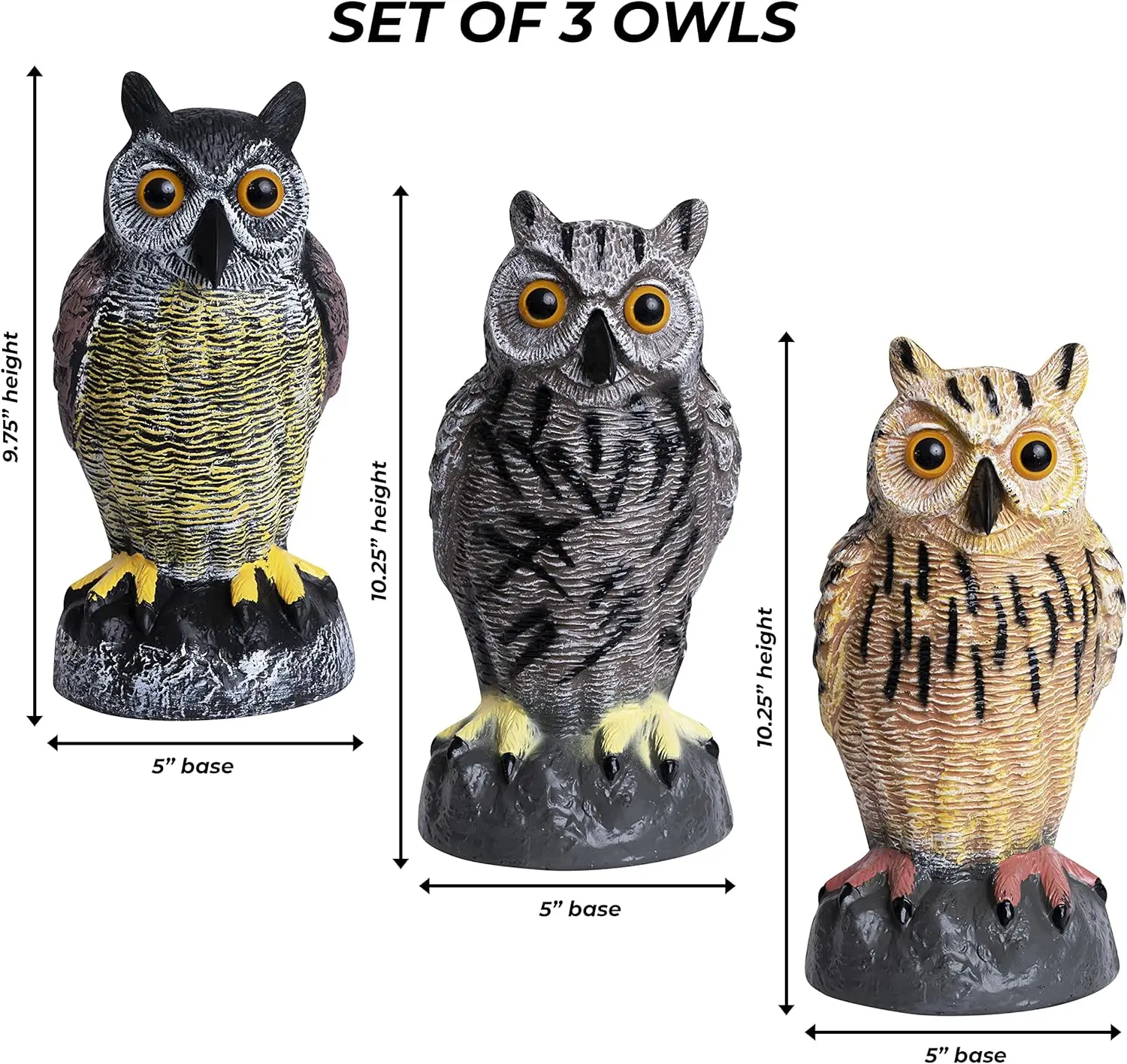 Pack of 3 Outdoors Plastic Owls Statue To Scare Birds Away For Back Yard