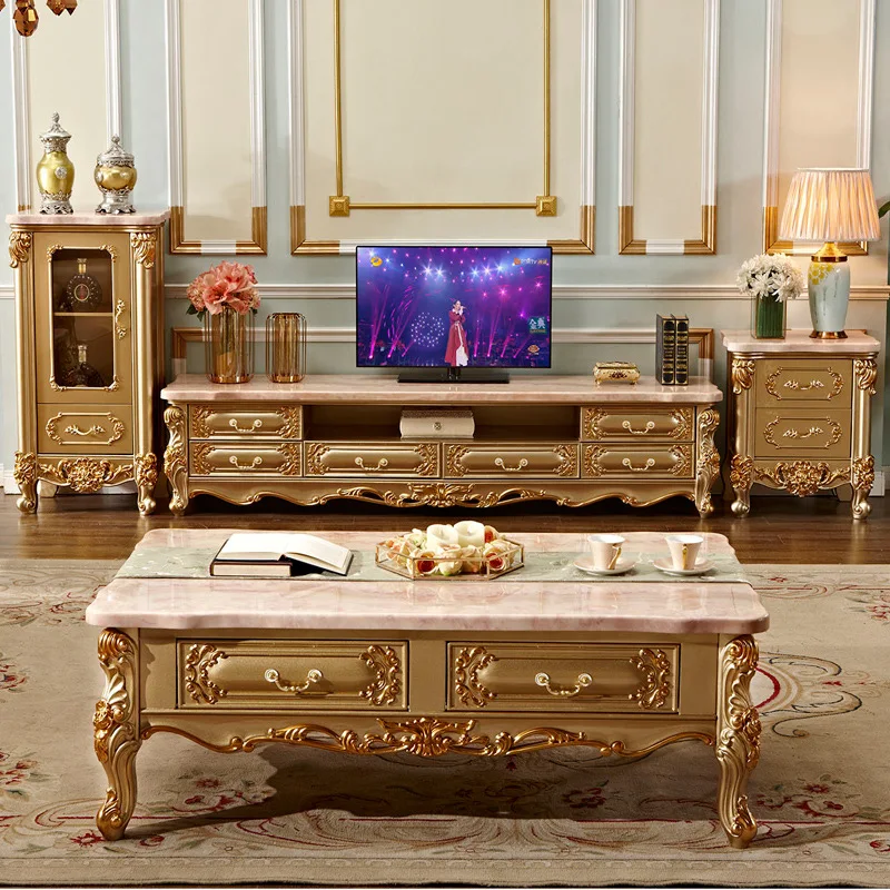Antique Living Room Coffee Table Solid Wood Carved Tea Table Marble Top Sofa Center Table For Home Project Furniture