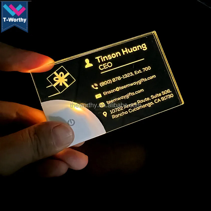 T-Worthy Customized Logo Laser Engraved LED Business Card Acrylic Brand Name Glowing LED Light Up Business Card