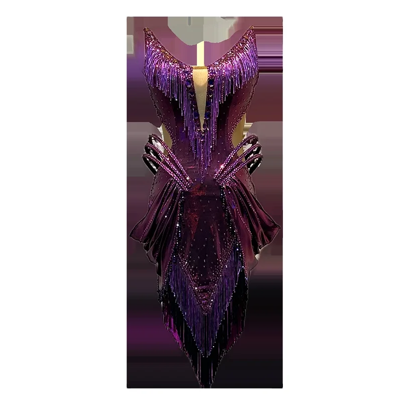 K-340 Latin Dance Dress Competition Dresses Costumes Skirt Performing Rhinestones Adult Children Tassel dress Various color