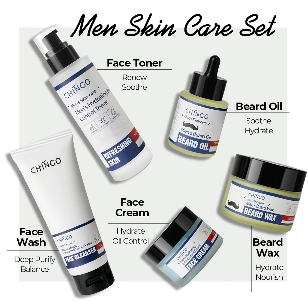 Korean Private Label Organic Men Facial Skincare Exfoliating Anti Aging Face Serum Beard Oil Balm Dark Men Skin care Set Product