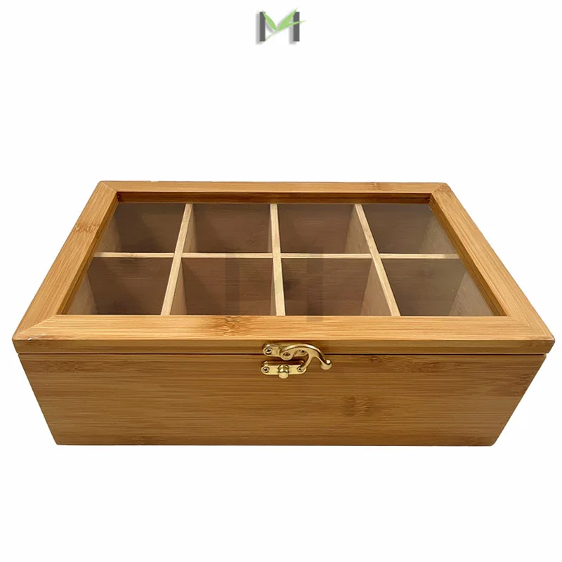 Adjustable 8 Compartments Bamboo Tea Box with Lock, Natural Bamboo Tea Box Storage Organizer for Organizing and Displaying Teas