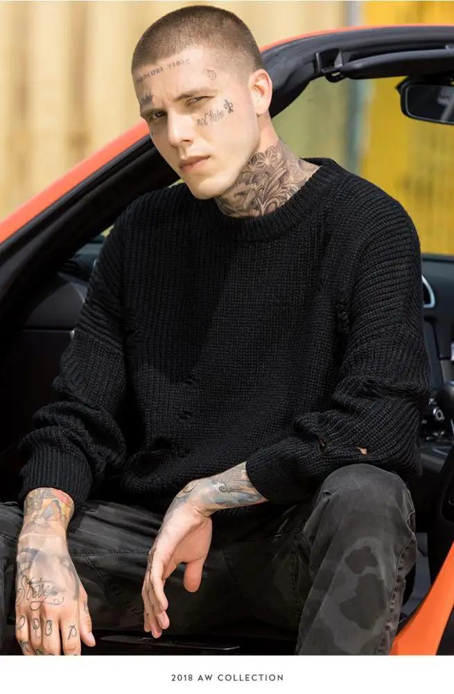  Трикотажный свободный свитер в стиле хип-хоп для мужчин пара большой размер рваный пуловер новейший дизайн свитера