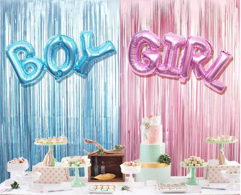 
Metallic Fringe Curtains with BOY Girl Foil Balloons Baby Shower decorations Set 
