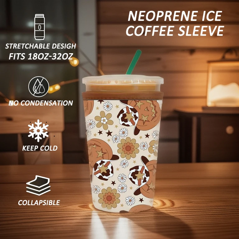 Free Sample Logo Print 16-32oz Neoprene Iced coffee sleeve Insulated coffee cup sleeve for Hot&Cold Drink