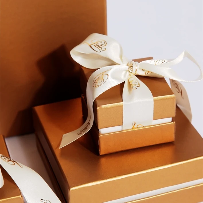High quality custom logo ribbon bow gold cardboard paper jewelry gift box with lid