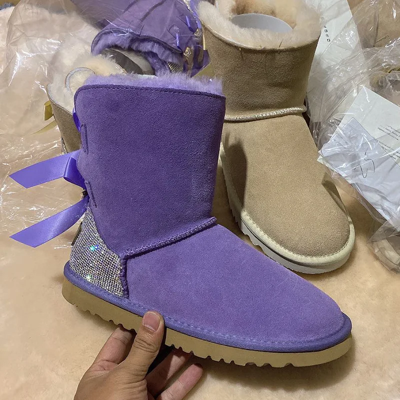 Winter new fashion hot sale wool warmth ladies shiny snow boots ladies rhinestone boots designer faux fur slides