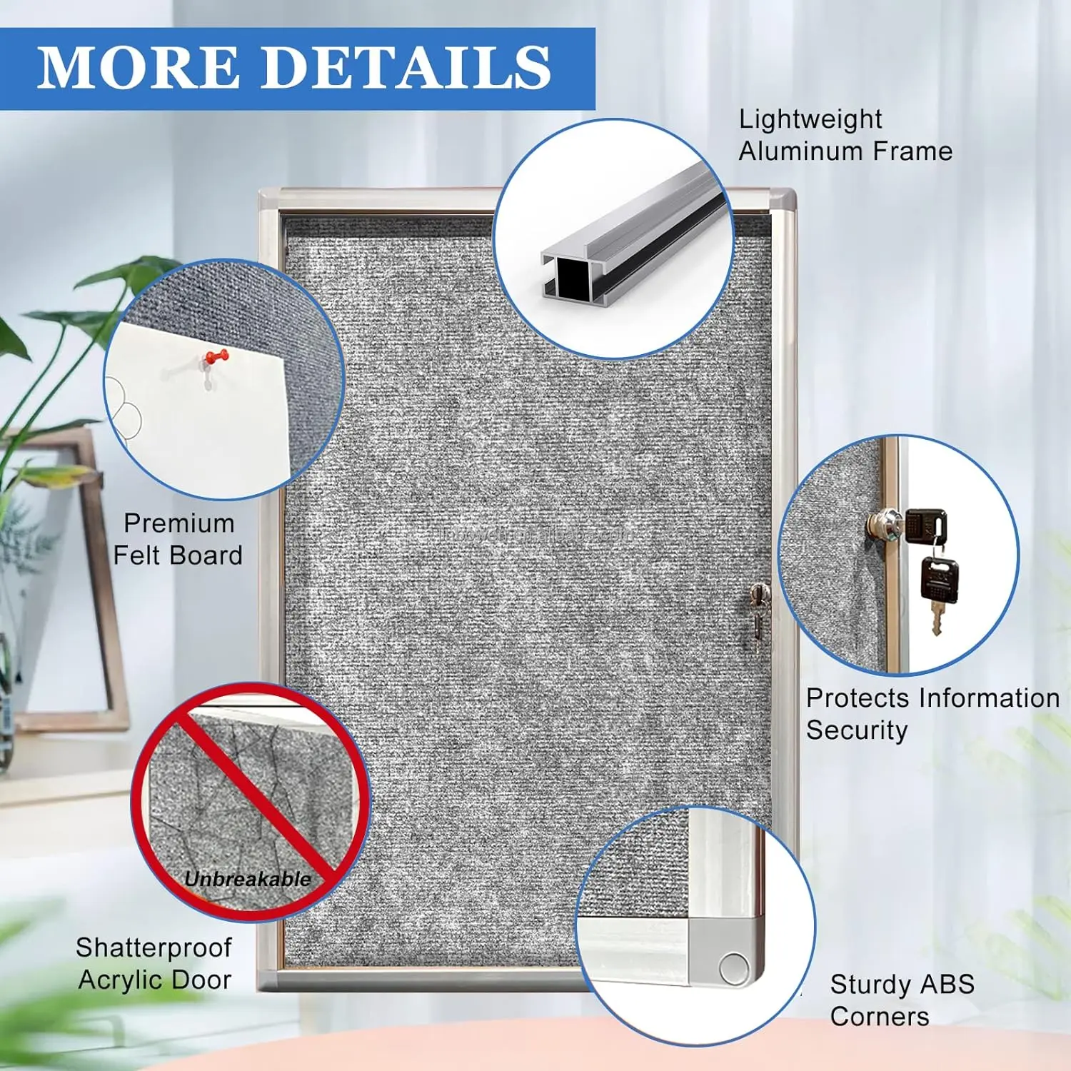 KBW 36x24 inch School Office Hotel Enclosed Bulletin Pin Fabric Boards Tamperproof Notice Case for Message Memo Photo Grey