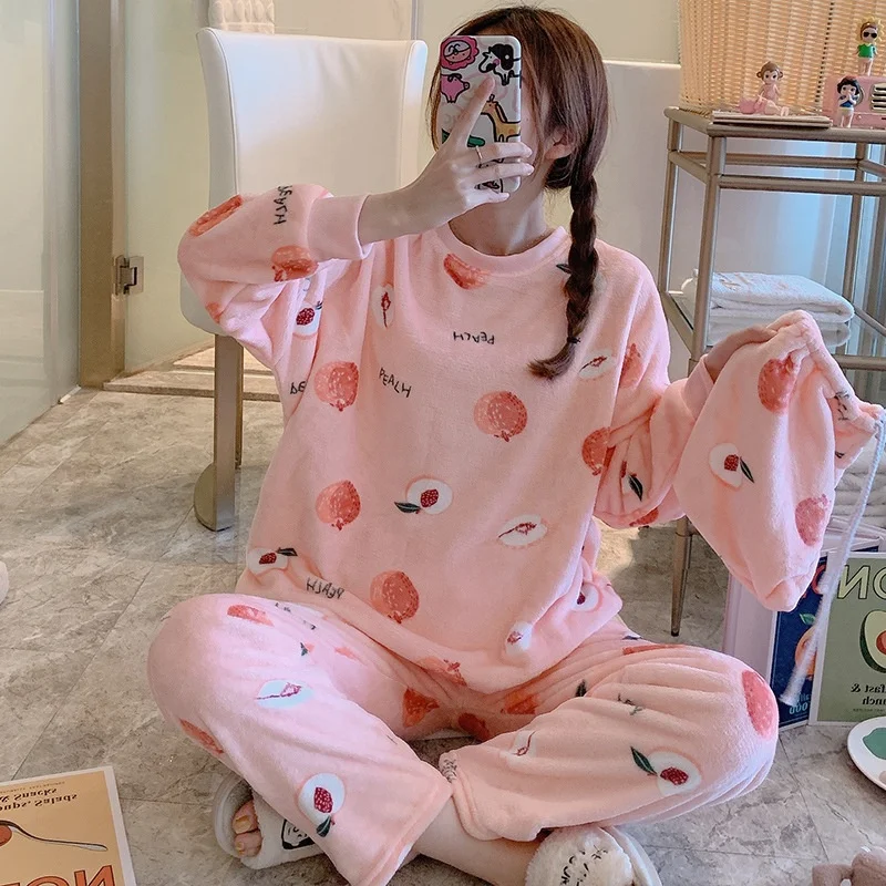 Women Pajamas Autumn Winter Flannel Warm Woman Sleepwear Korean cute Cartoon Nightwear Set Fashion Mujer Home Cloth Pyjamas