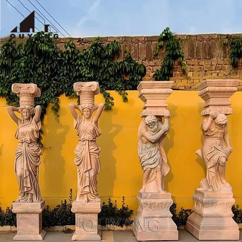 QUYANG Outdoor Park Decorative Hand Carved Natural Stone Naked Lady Statue Beige Marble Granite Gate Pillar