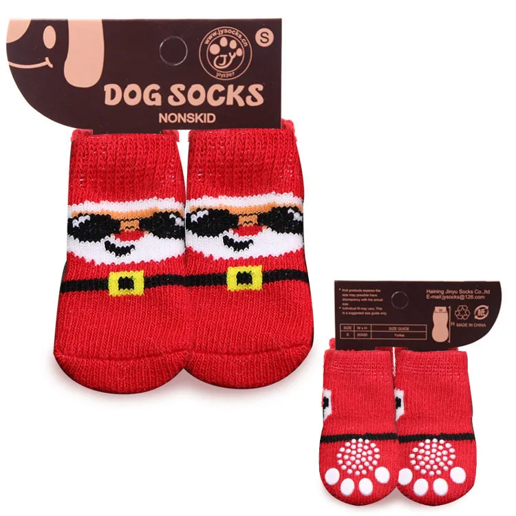 4pcs/set Dog Cat Cocks Christmas New Year Pet Socks Non-slip Cute Santa Socks for Small and Medium Size Pets Cats Dogs