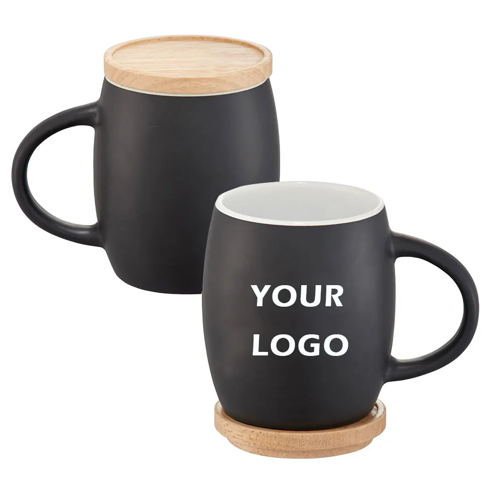 Top Seller Custom Inner Color Outside Black Drum Mug Ceramic Coffee Mug With Wooden lid