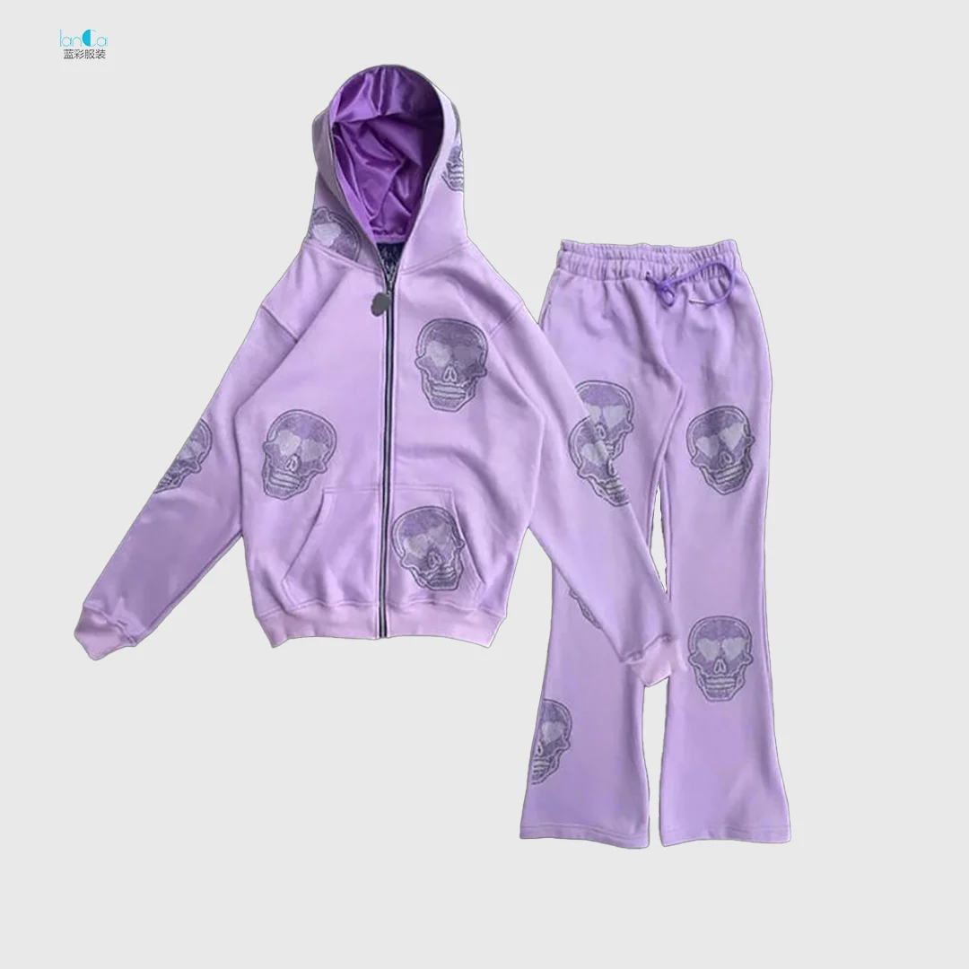 Custom Logo Skeleton Oversized Jogger Suit Thick High Quality Skull Rhinestone Print Full Face Maskes Full Zip Up Hoodie