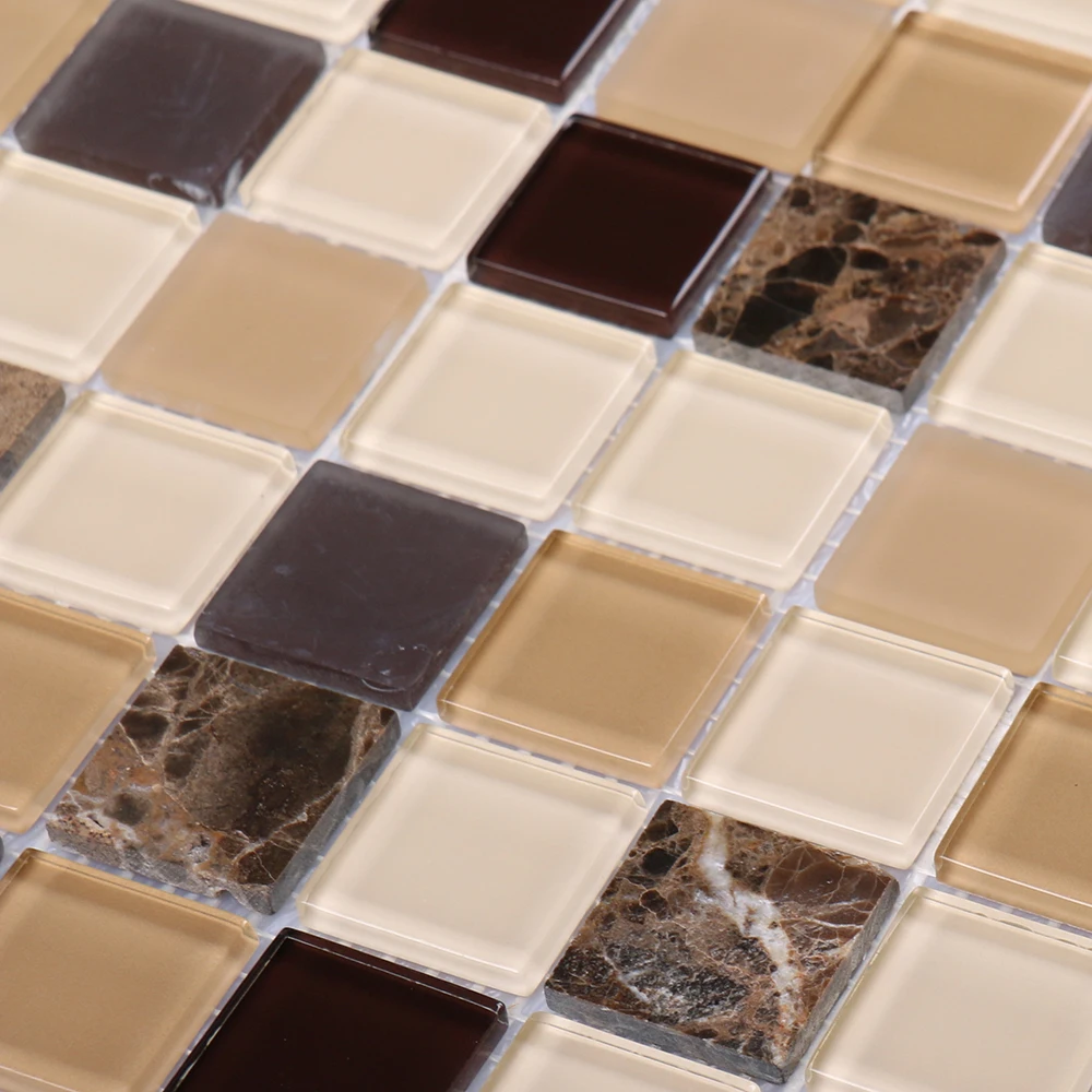 Classic kitchen wall decorative square beige brown glass marble mosaic tiles