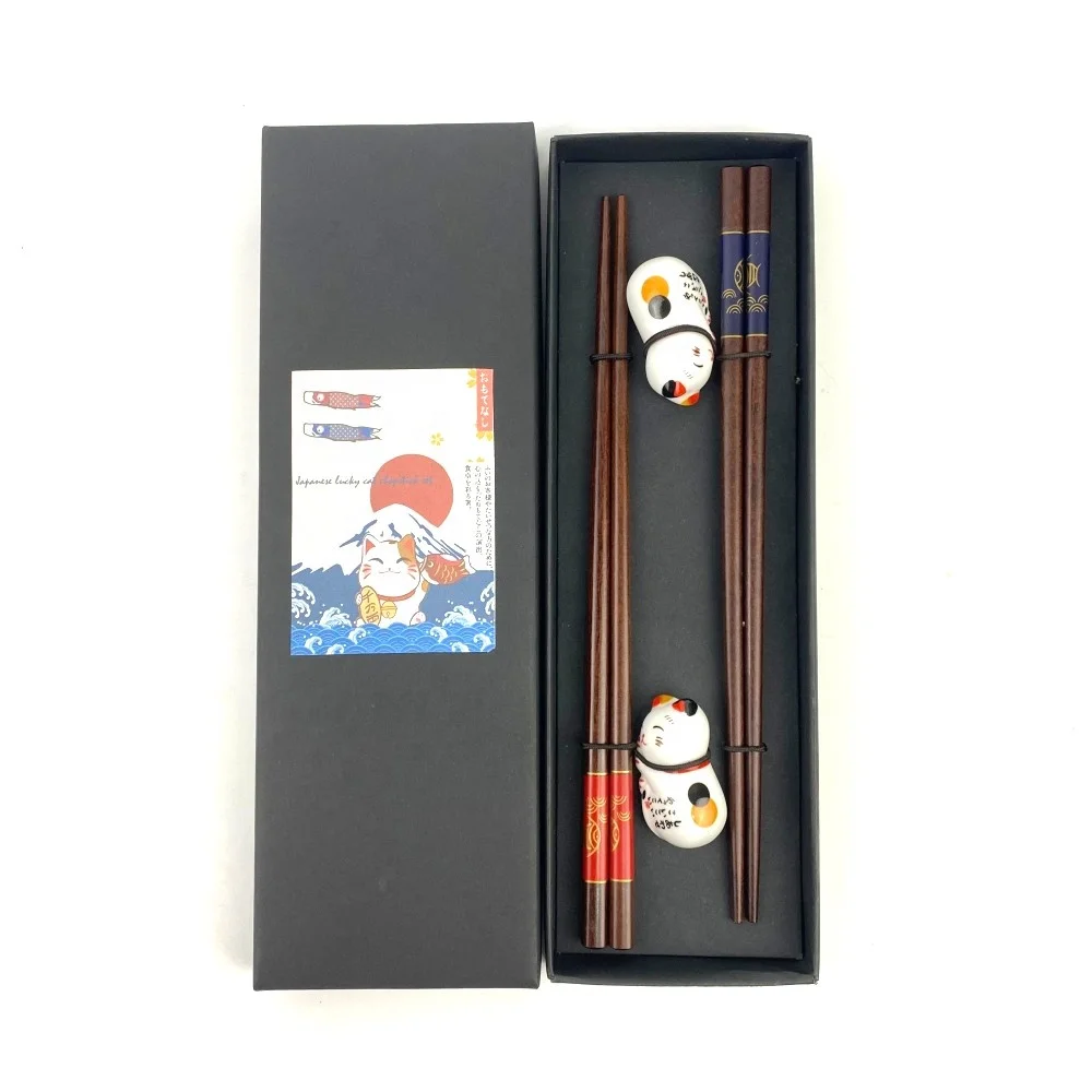 High Quality Environmental Personalized Golden Fish Pattern Lucky Cat Holders Reusable Wooden Chopsticks Present