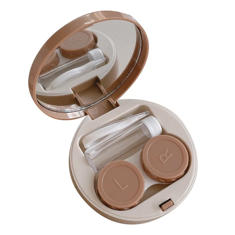 hot sale round shape high quality cream color contact lens case cute heart with mirror plastic case portable contact lens
