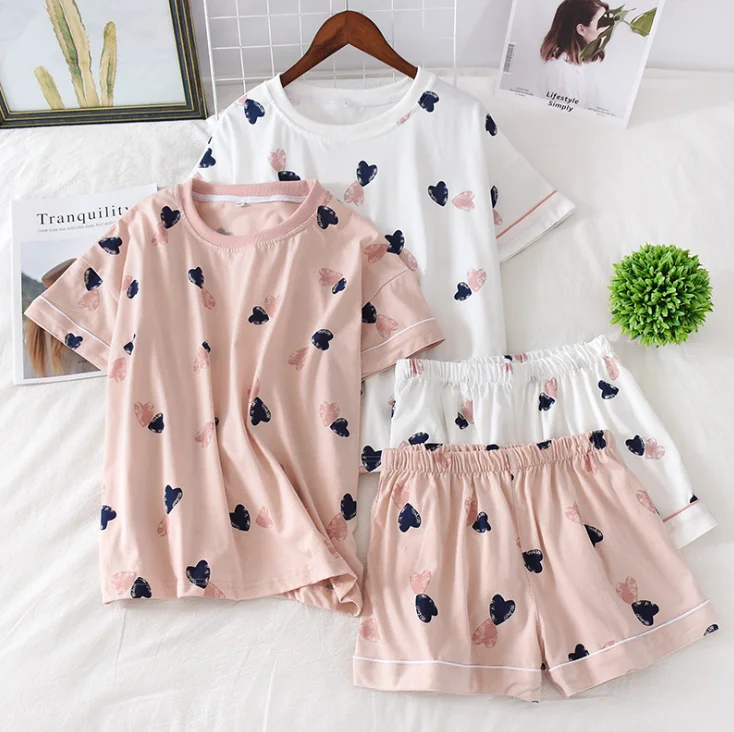 
Wholesale shortsleeve summer cotton pajamas set outwear available for women  (1600065191301)