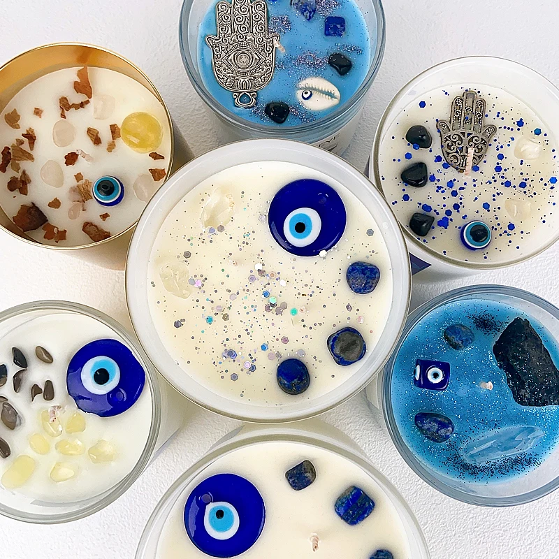 Novelty Wholesales Bless Custom Evil Eyes Gemstone Infused Glass Jar Soy Wax Personalized Scented Candles
