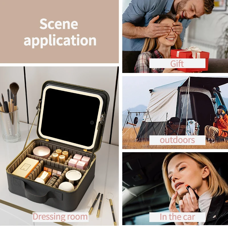 Cosmetic Portable Travel Storage Box With Led Rechargeable Vanity Bags Makeup Case With Led Light Mirror