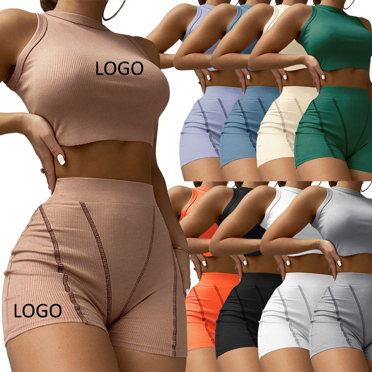 KFL23260 Ribbed Sexy Female Yoga Two Piece Short Set Sports Bra Fitness Running Sports Women Fitness Shorts Set