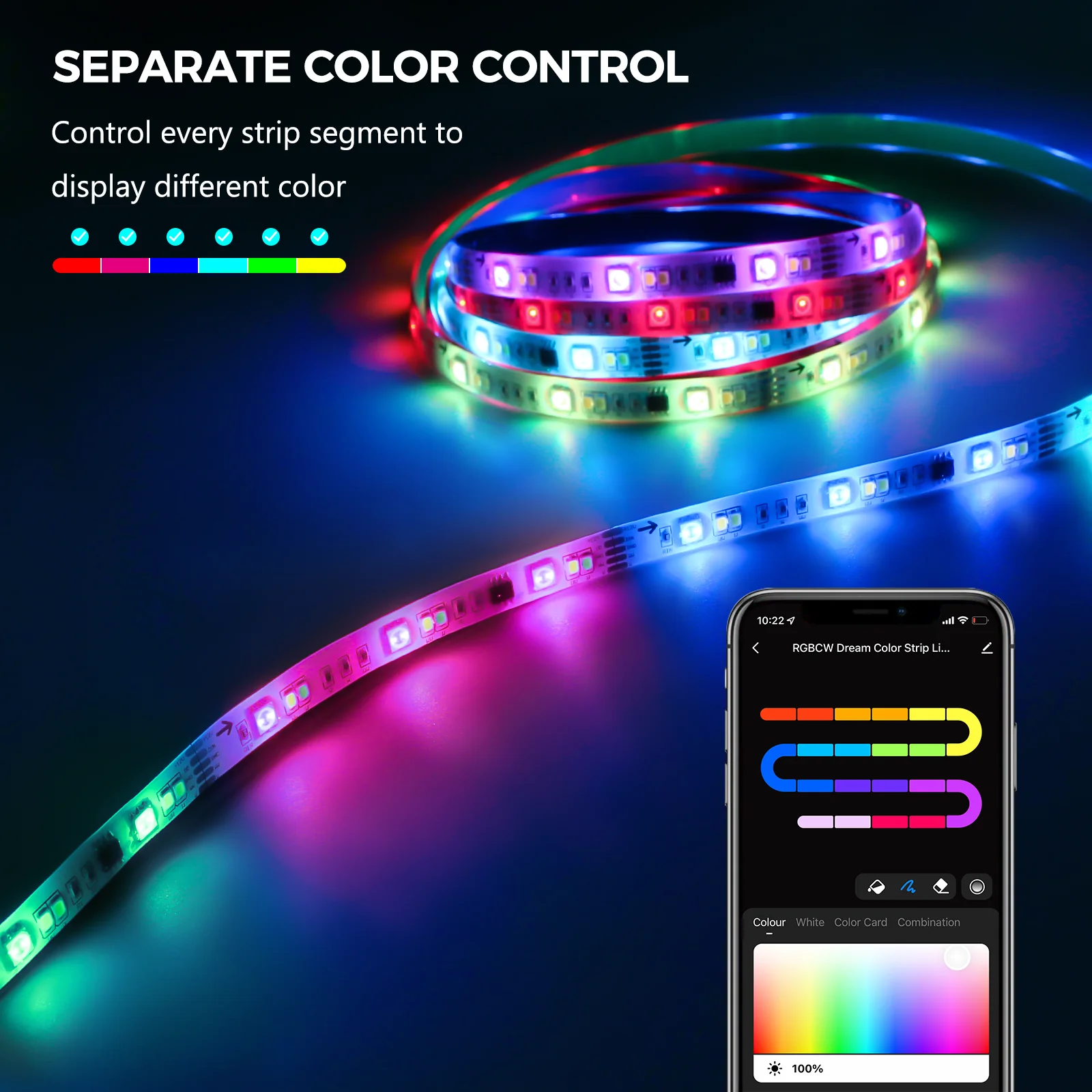 Remote Control 16.4ft 32.8ft Dynamic RGBIC Color Changing Chasing Effect Music Sync Addressable Dreamcolor LED Strip Light