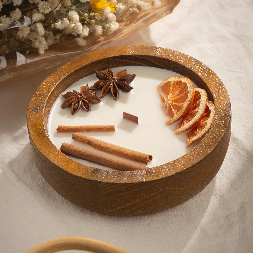 AIKUN Ramadan Private Primal Label Mixed Scents Candle Wooden Bowl Collection Soy Wax Scented Flower Candle