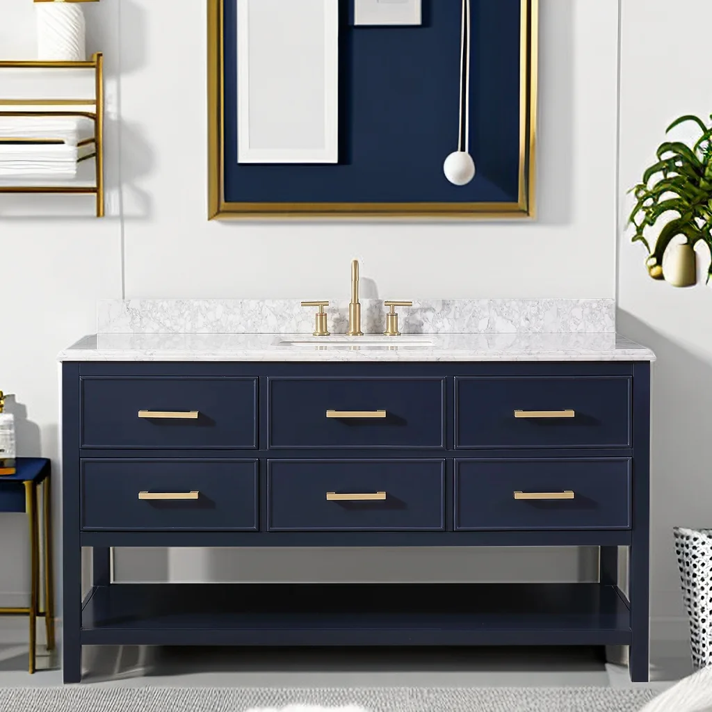 Современный большой напольный шкаф для ванной комнаты 60 дюймов с одной раковиной, искусственный мрамор, синий туалетный столик для ванной комнаты