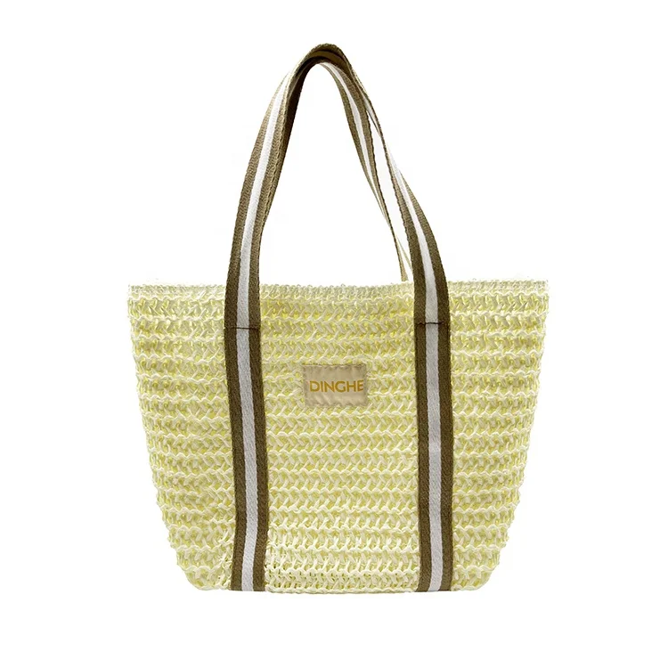 Wholesale summer woman crochet letter straw paper handbag shoulder women tote beach bags with inner pocket