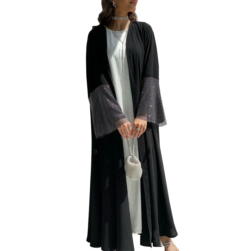 Middle East Exclusive Super Black Nida Cloth Hot Selling Cardigan abaya Muslim Cross Border Stretch Drill Mesh Robe