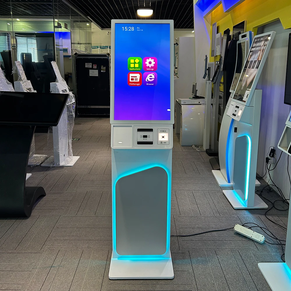 27 inch floor stand android touch screen hotel check in self service payment pos self ordering with printing Camera QR scanner
