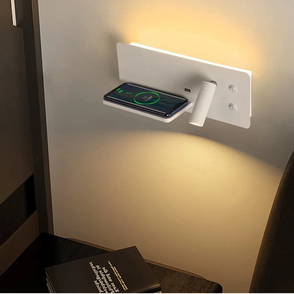 Новый отель прикроватная настенная лампа для спальни современный простой USB мобильный телефон Беспроводная зарядка вращающаяся Светодиодная чтения в гостиной