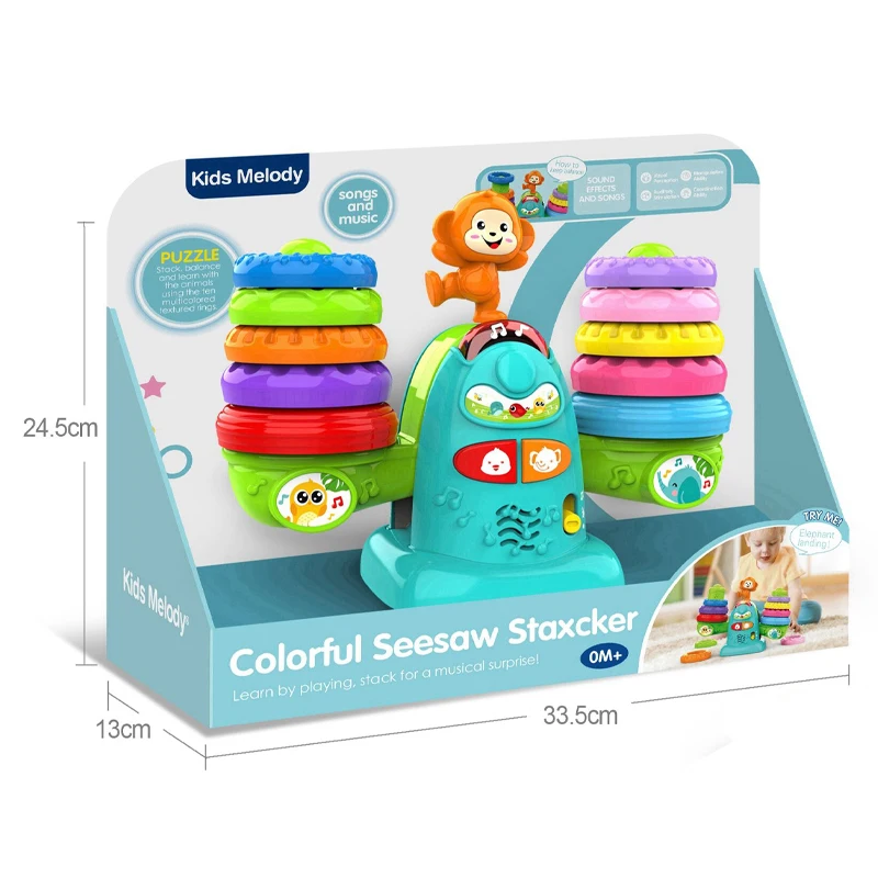 QS Popular Baby Education Toys STEAM Colorful Ring Electric Musical Rainbow Balance Circle Stacking Toys For 3-8 Ages Kids