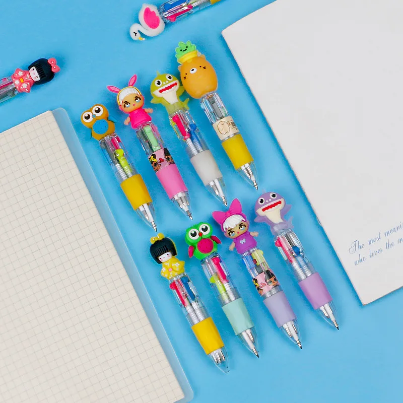 Mini 4 Color Ballpoint Pen Cute Short 4 In 1 Multi Color Pen With Cartoon Pvc Head Top Ball Pen For Kids