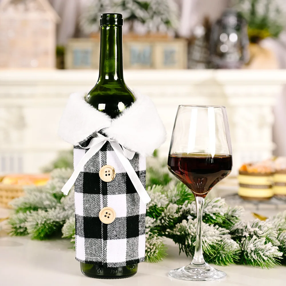 New Christmas Wine Bottle Decoration Lapel Plaid Wine Bottle Sleeve Holiday Party Table Decoration Wine Bottle Sleeve
